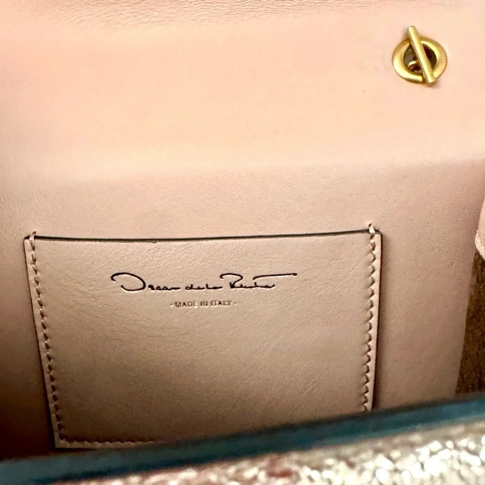 Oscar de la Renta Tro Rose Gold Metallic Crinkle Leather Mini Chain Shoulder Bag